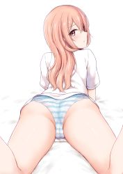 Rule 34 | 1girl, ass, bare legs, blush, brown eyes, cai geng, cameltoe, closed mouth, commentary request, crotch, highres, inui sajuna, legs up, long hair, looking at viewer, looking back, lying, on stomach, orange hair, panties, shirt, short sleeves, simple background, solo, sono bisque doll wa koi wo suru, striped clothes, striped panties, thighs, underwear, white background, white shirt