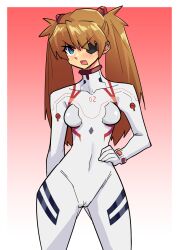 Rule 34 | 1girl, blush, bodysuit, breasts, brown hair, cameltoe, covered navel, curvy, evangelion: 3.0+1.0 thrice upon a time, eyepatch, hair between eyes, hair ornament, hand on own hip, highres, konaloid, long hair, medium breasts, neon genesis evangelion, open mouth, pilot suit, plugsuit, rebuild of evangelion, shiny clothes, skin tight, solo, souryuu asuka langley, standing, tsundere, twintails, very long hair, white bodysuit, wide hips