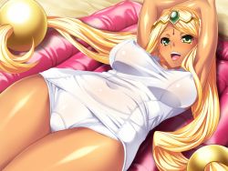 Rule 34 | 1girl, armpits, arms up, blonde hair, breasts, chocolate princess!, dark skin, dodai shouji, covered erect nipples, game cg, green eyes, happy, large breasts, legs, long hair, looking at viewer, lying, open mouth, smile, swimsuit, thighs