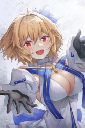 Rule 34 | 1girl, antenna hair, archetype earth, arcueid brunestud, back bow, black gloves, blonde hair, blue bow, blush, bow, breasts, cleavage, commentary, detached sleeves, dress, english commentary, fate/grand order, fate (series), flower, gloves, hair between eyes, hair flower, hair intakes, hair ornament, highres, jiang shennong, large breasts, open mouth, outstretched arms, reaching, reaching towards viewer, red eyes, short hair, smile, solo, teeth, tsukihime, tsukihime (remake), upper body, upper teeth only, white dress, white flower, white sleeves