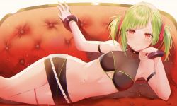 Rule 34 | 1girl, arm strap, armpits, bare shoulders, belt, black shirt, black skirt, bracelet, breasts, clothing cutout, collarbone, commission, couch, crop top, delutaya, green hair, hair ornament, head rest, highres, indie virtual youtuber, io enishi, jewelry, long hair, looking at viewer, lying, microskirt, midriff, nail polish, navel, on couch, on side, red eyes, revealing clothes, shirt, skirt, sleeveless, sleeveless shirt, small breasts, smile, solo, stomach, thigh strap, thighs, twintails, underboob cutout, virtual youtuber