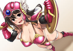 Rule 34 | 1girl, armor, armored boots, bikini armor, black hair, blush, boots, breasts, cleavage, collarbone, fang, from above, full body, gloves, hair between eyes, helmet, holding, holding shield, holding sword, holding weapon, kantai collection, large breasts, long hair, looking at viewer, multicolored hair, naganami (kancolle), navel, open mouth, pink armor, pink footwear, pink gloves, pink hair, shield, shoulder armor, smile, solo, sword, weapon, yellow eyes, yoshi tama
