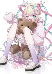 Rule 34 | 1girl, absurdres, artist name, bag, blonde hair, blue bow, blue eyes, blue hair, blue skirt, bow, cat hair ornament, chouzetsusaikawa tenshi-chan, commentary request, full body, hair bow, hair ornament, heart, heart hair ornament, highres, holding, holding stuffed toy, hood, hood down, hoodie, knees up, loafers, long hair, long sleeves, looking at viewer, lsd, multicolored hair, needy girl overdose, nuru (ezvr2347), hugging object, official alternate costume, one eye closed, open mouth, pink bow, pink hair, pink hoodie, pleated skirt, purple bag, purple bow, purple socks, quad tails, shoes, shoulder bag, sitting, skirt, smile, socks, solo, stuffed animal, stuffed toy, teddy bear, twintails, v, very long hair, white footwear