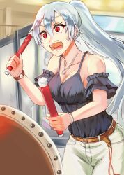 Rule 34 | 1girl, absurdres, belt, breasts, casual, cleavage, drum, drumsticks, fate/grand order, fate (series), highres, holding, holding drumsticks, instrument, inugami86, jewelry, long hair, medium breasts, necklace, open mouth, panicking, pants, playing games, ponytail, red eyes, solo, standing, sweatdrop, taiko no tatsujin, teeth, tomoe gozen (fate), tongue, watch, white hair