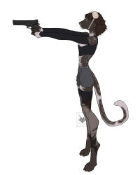 absurdres aiming bare_shoulders black_thighhighs brown_hair furry furry_female gun handgun highres holding holding_gun holding_weapon leopard original pursed_lips shorts skinny stirrup_legwear thighhighs toeless_legwear watermark weapon yellow_eyes