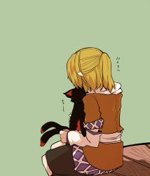 Rule 34 | 1girl, animal, arm warmers, blonde hair, cat, female focus, green background, half updo, kaenbyou rin, kaenbyou rin (cat), kiss, kissing animal, mizuga, mizuhashi parsee, multiple tails, nekomata, pointy ears, ponytail, shirt, short sleeves, simple background, sitting, skirt, tail, touhou, translation request, two tails