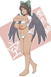 1girl black_hair black_wings blush bow breasts brown_eyes buttons commentary_request crossed_arms danku dark-skinned_female dark_skin feathered_wings full_body green_bow hair_bow highres large_breasts long_hair looking_afar navel nipples no_bra no_pants open_mouth panties reiuji_utsuho short_sleeves smile solo tan touhou underwear undressing walking white_background white_panties wings