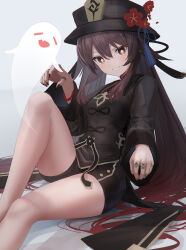 1girl bare_legs black_headwear black_nails black_shirt black_shorts boo_tao_(genshin_impact) brown_eyes brown_hair commentary_request feet_out_of_frame genshin_impact grin hair_between_eyes highres hu_tao_(genshin_impact) knee_up long_hair looking_at_viewer nail_polish shirt short_shorts shorts sitting smile solo sthk thighs very_long_hair