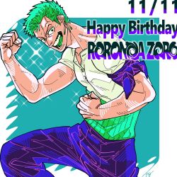 Rule 34 | 1boy, bandana around arm, biceps, cowboy shot, dated, flexing, green hair, happy birthday, looking at viewer, male focus, manda op jj, one piece, pants, roronoa zoro, short hair, solo, sparkle, toned, toned male