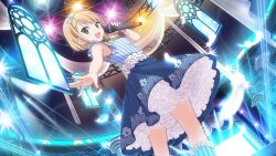 Rule 34 | 1girl, 22/7, 22/7 ongaku no jikan, blonde hair, blue dress, blue hairband, blue ribbon, blue socks, concert, cowboy shot, dress, dutch angle, feathers, from below, game cg, green eyes, hair ribbon, hairband, highres, holding, holding microphone, idol, idol clothes, lens flare, looking at viewer, microphone, non-web source, official art, open mouth, outstretched arm, petticoat, ribbon, saito nicole, short hair, sleeveless, smile, socks, solo, sparkle, stage lights, stained glass, striped clothes, striped dress, teeth, upper teeth only, white feathers, window