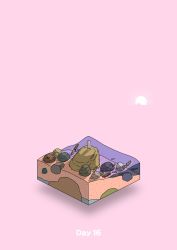 Rule 34 | beach, commentary request, diorama, fish, from behind, gozz, highres, isometric, log, original, pink background, rock, shadow, standing, water