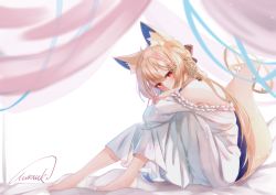 Rule 34 | 1girl, absurdres, animal ear fluff, animal ears, bare shoulders, barefoot, bed sheet, blonde hair, blue hair, braid, dress, frilled dress, frills, healing luka, highres, long hair, looking at viewer, multicolored hair, off-shoulder dress, off shoulder, original, pink hair, purple (jobseeking), red eyes, short eyebrows, signature, simple background, solo, tail, thick eyebrows, transparent, two-tone hair, very long hair, virtual youtuber, white background, white dress