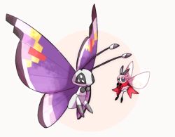 Rule 34 | bug, butterfly, closed mouth, commentary request, creatures (company), eye contact, game freak, gen 6 pokemon, gen 7 pokemon, hand up, insect, looking at another, nigiri (ngr24), nintendo, no humans, pokemon, pokemon (creature), red scarf, ribombee, scarf, smile, vivillon, vivillon (elegant)