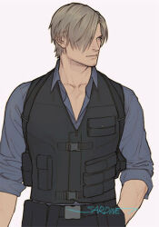 Rule 34 | 1boy, artist name, blonde hair, blue shirt, bulletproof vest, collarbone, collared shirt, hair over one eye, hand in pocket, leon s. kennedy, light smile, looking to the side, male focus, parted bangs, resident evil, resident evil 6, sardine (kjr0313), shirt, short hair, sleeves rolled up, solo, toned, toned male, upper body, white background