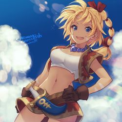 Rule 34 | 1girl, :d, blonde hair, blue eyes, blue sky, braid, breasts, brown gloves, chrono cross, copyright name, cowboy shot, crop top, cropped jacket, day, dutch angle, facial mark, gloves, gluteal fold, hand on own hip, hazuki gean, jacket, jewelry, kid (chrono cross), knife, long hair, looking at viewer, medium breasts, multi-tied hair, navel, necklace, open clothes, open jacket, open mouth, outdoors, ponytail, short sleeves, signature, single braid, skirt, sky, smile, solo, weapon