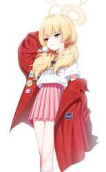 Rule 34 | 1girl, absurdres, ahoge, blonde hair, blue archive, blush, closed mouth, commentary, feet out of frame, hair between eyes, halo, highres, jacket, kim nico, long hair, long sleeves, low twintails, official alternate costume, open clothes, open jacket, pink skirt, pleated skirt, red jacket, shirt, short sleeves, simple background, skirt, socks, solo, twintails, white background, white shirt, white socks, yellow eyes, yellow halo, yoshimi (band) (blue archive), yoshimi (blue archive)