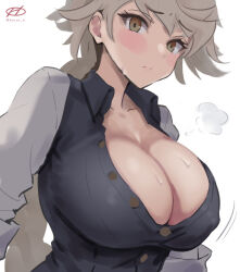 Rule 34 | 1girl, alternate costume, asymmetrical hair, blush, braid, braided ponytail, breasts, cleavage, covered erect nipples, haruto (harut n), hot, kantai collection, large breasts, long hair, long sleeves, looking at viewer, open clothes, open shirt, open vest, simple background, single braid, solo, sweat, unryuu (kancolle), upper body, very long hair, vest, wavy hair, white background, white hair, yellow eyes