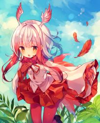 Rule 34 | 10s, 1girl, ana (rznuscrf), blunt bangs, cloud, day, feathers, gloves, head wings, japanese crested ibis (kemono friends), kemono friends, long hair, long sleeves, miniskirt, multicolored hair, orange eyes, outdoors, pantyhose, pleated skirt, red gloves, red hair, red pantyhose, red skirt, shoes, sidelocks, skirt, solo, tail, two-tone hair, white hair, wide sleeves, wings