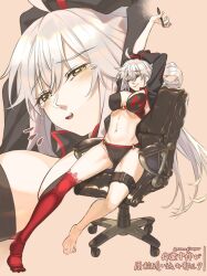 Rule 34 | 1girl, ahoge, arms up, bikini, black bikini, black jacket, breasts, choker, cleavage, closed eyes, cropped jacket, fate/grand order, fate (series), full body, grey hair, highres, jacket, jeanne d&#039;arc alter (fate), jeanne d&#039;arc alter (swimsuit berserker) (fate), large breasts, long hair, long sleeves, looking at viewer, mitsurugi sugar, multiple views, navel, o-ring, o-ring bikini, open mouth, red thighhighs, shrug (clothing), single thighhigh, sitting, stretching, stylus, swimsuit, swivel chair, tearing up, thigh strap, thighhighs, very long hair, yellow eyes