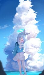 Rule 34 | 1girl, :d, ^ ^, absurdres, arms behind back, arona (blue archive), blue archive, blue hair, blue shirt, blue sky, closed eyes, cloud, commentary, day, full body, hair over one eye, hair ribbon, halo, highres, light particles, long sleeves, medium hair, miniskirt, nodoameyatou, open mouth, outdoors, ribbon, sailor collar, school uniform, shirt, skirt, sky, smile, soaking feet, solo, teeth, upper teeth only, white footwear, white ribbon, white sailor collar, white skirt