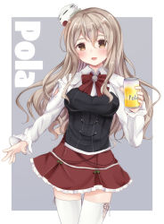 Rule 34 | 1girl, bad id, bad pixiv id, blush, border, breasts, brown eyes, can, character name, collared shirt, cowboy shot, drink can, grey background, grey hair, holding, holding can, kantai collection, large breasts, long hair, long sleeves, looking at viewer, masayo (gin no ame), miniskirt, open mouth, pola (kancolle), red neckwear, red skirt, shirt, skirt, smile, soda can, solo, thighhighs, thighs, wavy hair, white border, white shirt, white thighhighs, zettai ryouiki