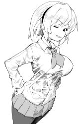Rule 34 | 1girl, breasts, collared shirt, commentary request, greyscale, henyaan (oreizm), highres, higurashi no naku koro ni, houjou satoko, large breasts, long sleeves, looking at viewer, monochrome, open mouth, school uniform, shirt, short hair, skirt, smile, smug, solo, thighhighs, wrinkled skin