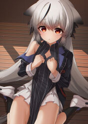 Rule 34 | 1girl, absurdres, animal ears, black coat, black dress, blue archive, bow, china dress, chinese clothes, cleavage cutout, clothing cutout, coat, commentary request, dress, frilled skirt, frills, gradient hair, grey hair, hair between eyes, hair bow, hair ribbon, halo, highres, kokona (blue archive), long hair, long sleeves, looking at viewer, low twintails, mogurii, multicolored hair, open clothes, open coat, orange eyes, parted lips, pelvic curtain, ribbon, shoes, sidelocks, sitting, skirt, sleeveless, sleeveless turtleneck, sneakers, solo, streaked hair, tiger ears, tiger girl, turtleneck, twintails, wariza, wooden floor