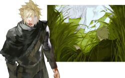 Rule 34 | 2boys, alternate costume, alternate universe, arm armor, armor, black armor, black cape, blonde hair, blood, blood on face, blood on hands, blue eyes, borderless panels, bracer, breastplate, cape, centaur, cloud strife, colored skin, commentary, day, fantasy, final fantasy, final fantasy vii, foliage, grass, highres, knight, light smile, long hair, lying, male focus, multiple boys, multiple views, nipples, on grass, outdoors, parted lips, sephiroth, short hair, smile, spiked hair, standing, symbol-only commentary, tall grass, taur, topless male, unicorn, white hair, white skin, xscr1205