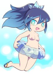 Rule 34 | 10s, 1girl, aqua eyes, blue hair, blush, blush stickers, breasts, cleft of venus, flip-flops, fubukihime, ice, innertube, long hair, looking at viewer, multicolored hair, navel, nipples, no socks, nollety, nude, nude filter, open mouth, ponytail, purple hair, pussy, sandals, small breasts, solo, swim ring, third-party edit, traditional youkai, two-tone hair, uncensored, white background, youkai watch