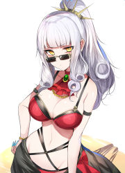 Rule 34 | 1girl, alternate costume, armlet, ascot, bare shoulders, bikini, blunt bangs, breasts, brown-tinted eyewear, carmilla (fate), carmilla (summertime mistress) (fate), choker, commentary request, curly hair, eyes visible through hair, fate/grand order, fate (series), fingernails, groin, hairband, hand on own hip, highres, hime cut, large breasts, long fingernails, looking over eyewear, looking over glasses, luse maonang, navel, ponytail, simple background, solo, sunglasses, swimsuit, tinted eyewear, white background, white hair, yellow eyes