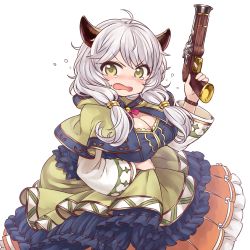 Rule 34 | &gt;:(, 10s, 1girl, ahoge, blush, breasts, capelet, chan co, cleavage, cleavage cutout, clothing cutout, draph, dress, female focus, frills, frown, granblue fantasy, green eyes, gun, holding, holding gun, holding weapon, horns, kumuyu, large breasts, long hair, looking at viewer, low twintails, nose blush, open mouth, revision, silver hair, simple background, solo, tears, twintails, v-shaped eyebrows, weapon, white background