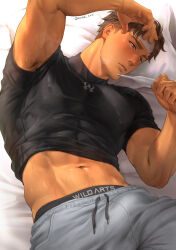 Rule 34 | 1boy, armpit hair, bara, bed, black shirt, blue eyes, blush, brown hair, clothes lift, covered erect nipples, grey pants, highres, holding, holding thermometer, jim (mondi hl), large pectorals, lying, male focus, male underwear, male underwear peek, mondi hl, muscular, muscular male, navel, on back, on bed, original, pants, parted lips, pectorals, shirt, shirt lift, short hair, solo, thermometer, twitter username, underwear