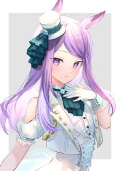 Rule 34 | 1girl, animal ears, border, center frills, choker, closed mouth, clothing cutout, commentary request, corset, cropped jacket, flat chest, frills, gloves, hand on own chest, hat, horse ears, long hair, looking to the side, mejiro mcqueen (end of sky) (umamusume), mejiro mcqueen (umamusume), mini hat, mini top hat, ouri (aya pine), outside border, purple eyes, purple hair, shirt, short sleeves, shoulder cutout, smile, solo, top hat, umamusume, upper body, white border, white gloves, white hat, white shirt