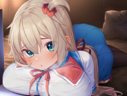 Rule 34 | 1girl, akai haato, akai haato (1st costume), ass, blonde hair, blue eyes, blue skirt, blush, bra visible through clothes, breast press, breast rest, breasts, hair between eyes, hair ornament, heart, heart hair ornament, highres, hololive, indoors, large breasts, long hair, magowasabi, neck ribbon, one side up, parted lips, pillow, red ribbon, ribbon, shirt, short sleeves, skirt, solo, very long hair, virtual youtuber, white shirt