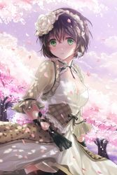 Rule 34 | 1girl, asmis hara, black thighhighs, blush, bow, breasts, brown hair, cherry blossoms, cleavage, collarbone, corset, dress, flower, frills, gloves, green eyes, hair between eyes, hair ornament, hairband, highres, layered dress, lolita hairband, open mouth, plaid, reum, ribbon, rose, short hair, solo, sword girls, thighhighs