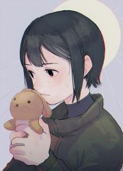 Rule 34 | 1girl, asakusa midori, bad id, bad pixiv id, black hair, brown eyes, chromatic aberration, closed mouth, commentary, commentary request, eizouken ni wa te wo dasu na!, green jacket, grey background, highres, holding, holding stuffed toy, jacket, katsuoboshi, long sleeves, own hands together, short hair, solo, stuffed animal, stuffed rabbit, stuffed toy, sunburst, sweat, upper body, yellow background