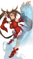 Rule 34 | 1girl, ankle boots, arc system works, bare shoulders, boots, breasts, brown eyes, brown hair, china dress, chinese clothes, detached sleeves, dress, fighting stance, full body, guilty gear, hair tubes, high heels, highres, kuma (jk0073), kuradoberi jam, long hair, miniskirt, petticoat, red dress, skirt, solo, very long hair
