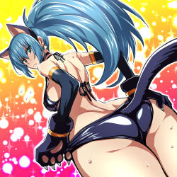 Rule 34 | 1girl, adjusting clothes, adjusting swimsuit, animal ears, animal hands, ass, back, bikini, black bikini, black choker, black gloves, blue eyes, blue hair, breasts, cat ears, cat tail, choker, claws, curvy, dutch angle, earrings, elbow gloves, from behind, frown, gloves, hair between eyes, hand on own hip, hip focus, jewelry, large breasts, leona heidern, long hair, looking at viewer, looking back, nakahira guy, ponytail, snk, solo, sparkle, strap gap, swimsuit, tail, the king of fighters, thighs, very long hair, wide hips