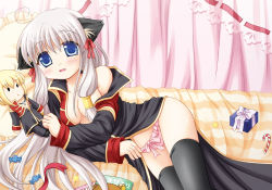 Rule 34 | 1girl, animal ears, bed, black thighhighs, blue eyes, blush, breasts, candy, candy cane, cape, cat ears, cat girl, cleavage, coat, crossdressing, doll, female focus, food, furukawa lemon, long hair, lying, medium breasts, multicolored coat, panties, pink panties, priest, priest (ragnarok online), ragnarok online, silver hair, solo, thighhighs, two-tone coat, underwear, wrapped candy