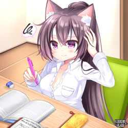 Rule 34 | 1girl, animal ear fluff, blush, breasts, brown hair, character request, cleavage, closed mouth, collared shirt, dress shirt, eraser, hair between eyes, holding, holding pencil, indoors, kerberos blade, long hair, long sleeves, medium breasts, official art, pencil, pencil case, ponytail, purple eyes, shikito (yawa0w0), shirt, sitting, solo, spoken squiggle, squiggle, sweat, table, v-shaped eyebrows, very long hair, watermark, white shirt, wooden floor