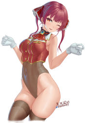 Rule 34 | 1girl, arisku, ascot, bad id, bad pixiv id, bare shoulders, blouse, blush, breasts, brooch, brown eyes, brown hair, brown leotard, brown thighhighs, commentary request, covered navel, crop top, cropped legs, eyebrows hidden by hair, gloves, groin, hair ribbon, hands up, highleg, highleg leotard, highres, hololive, houshou marine, jewelry, leotard, leotard under clothes, medium breasts, no pants, one eye closed, parted lips, red ascot, red ribbon, red shirt, ribbon, see-through, see-through leotard, shirt, signature, simple background, sleeveless, sleeveless shirt, smile, solo, thighhighs, twintails, twitter username, virtual youtuber, white background, white gloves