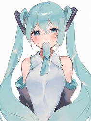 Rule 34 | 1girl, ahoge, aqua eyes, aqua hair, aqua necktie, bad id, bad pixiv id, bare shoulders, blue eyes, blush, breasts, collared shirt, detached sleeves, grey shirt, hair between eyes, hair ornament, hatsune miku, long hair, looking at viewer, mouth hold, necktie, necktie in mouth, otintin, shirt, simple background, solo, twintails, vocaloid, white background