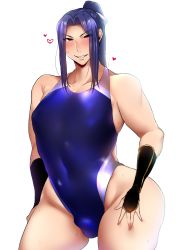 Rule 34 | 1boy, androgynous, sasaki kojirou (fate), bad id, bad pixiv id, blush, bulge, crossdressing, fate (series), hand on own hip, high ponytail, highres, hip focus, kou yamada, long hair, looking at viewer, male focus, one-piece swimsuit, ponytail, simple background, skin tight, swimsuit, white background