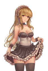 Rule 34 | 1girl, bare arms, bare shoulders, black choker, black dress, blonde hair, blunt bangs, blush, breasts, brown dust, brown thighhighs, choker, cleavage, closed mouth, commentary request, cowboy shot, dress, female focus, frilled choker, frilled cuffs, frilled dress, frills, head tilt, highres, lace, lace-trimmed dress, lace trim, legs apart, long hair, looking at viewer, maid, maid headdress, medium breasts, red eyes, sidelocks, simple background, skirt hold, solo, standing, strapless, strapless dress, striped, thighhighs, white background, wrist cuffs, yougenko