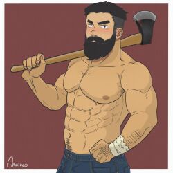 Rule 34 | 1boy, abs, amaimao, arm hair, axe, bara, beard, black hair, blush, carrying over shoulder, denim, facial hair, highres, holding, holding axe, jeans, large pectorals, long beard, looking at viewer, male focus, mature male, muscular, muscular male, navel, navel hair, nipples, original, pants, pectorals, short hair, solo, thick eyebrows, thick mustache, topless male, undercut, woodcutter