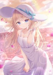 Rule 34 | 1girl, blonde hair, blue eyes, breasts, cloud, cloudy sky, cowboy shot, dress, hand up, hat, highres, holding, holding clothes, holding dress, liuliu, looking at viewer, medium breasts, ocean, outdoors, purple eyes, sky, smile, solo, white dress, wristband