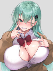 Rule 34 | 1girl, aqua hair, blazer, blush, bow, bowtie, breasts, brown jacket, chikage (blackclownery), cleavage, green eyes, grey background, grin, hair ornament, hairclip, highres, huge breasts, jacket, kantai collection, long hair, looking at viewer, one eye closed, open clothes, open shirt, red bow, red bowtie, shirt, simple background, smile, solo, suzuya (kancolle), white shirt