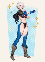 Rule 34 | 1girl, absurdres, angel (kof), backless pants, blue eyes, boots, bra, breasts, chaps, cleavage, cowboy boots, crop top, cropped jacket, fingerless gloves, gloves, hair over one eye, highres, jacket, large breasts, leather, leather jacket, looking at viewer, midriff, navel, panties, pants, short hair, smile, snk, solo, strapless, strapless bra, the king of fighters, the king of fighters 2001, toned, topsu, underwear, white hair