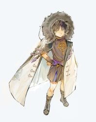 Rule 34 | 1boy, armor, black footwear, black hair, blue eyes, boots, closed mouth, coat, coat on shoulders, full body, fur-trimmed coat, fur trim, genshin impact, hand on own hip, highres, hood, hood up, hooded coat, japanese armor, japanese clothes, knee boots, kote, kurokote, lic 617, male focus, multicolored hair, purple hair, scaramouche (genshin impact), simple background, solo, standing, white coat