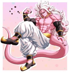 Rule 34 | 1boy, abs, absurdres, android 21, arabian clothes, baggy pants, black nails, black sclera, chocolate, colored sclera, colored skin, detached sleeves, dragon ball, dragon ball fighterz, ear piercing, earrings, genderswap, genderswap (ftm), highres, jewelry, long hair, looking at viewer, majin android 21, muscular, muscular male, neck ring, pants, pea-bean, piercing, pink skin, pointy ears, red eyes, ring, tail, topless, topless male, white hair